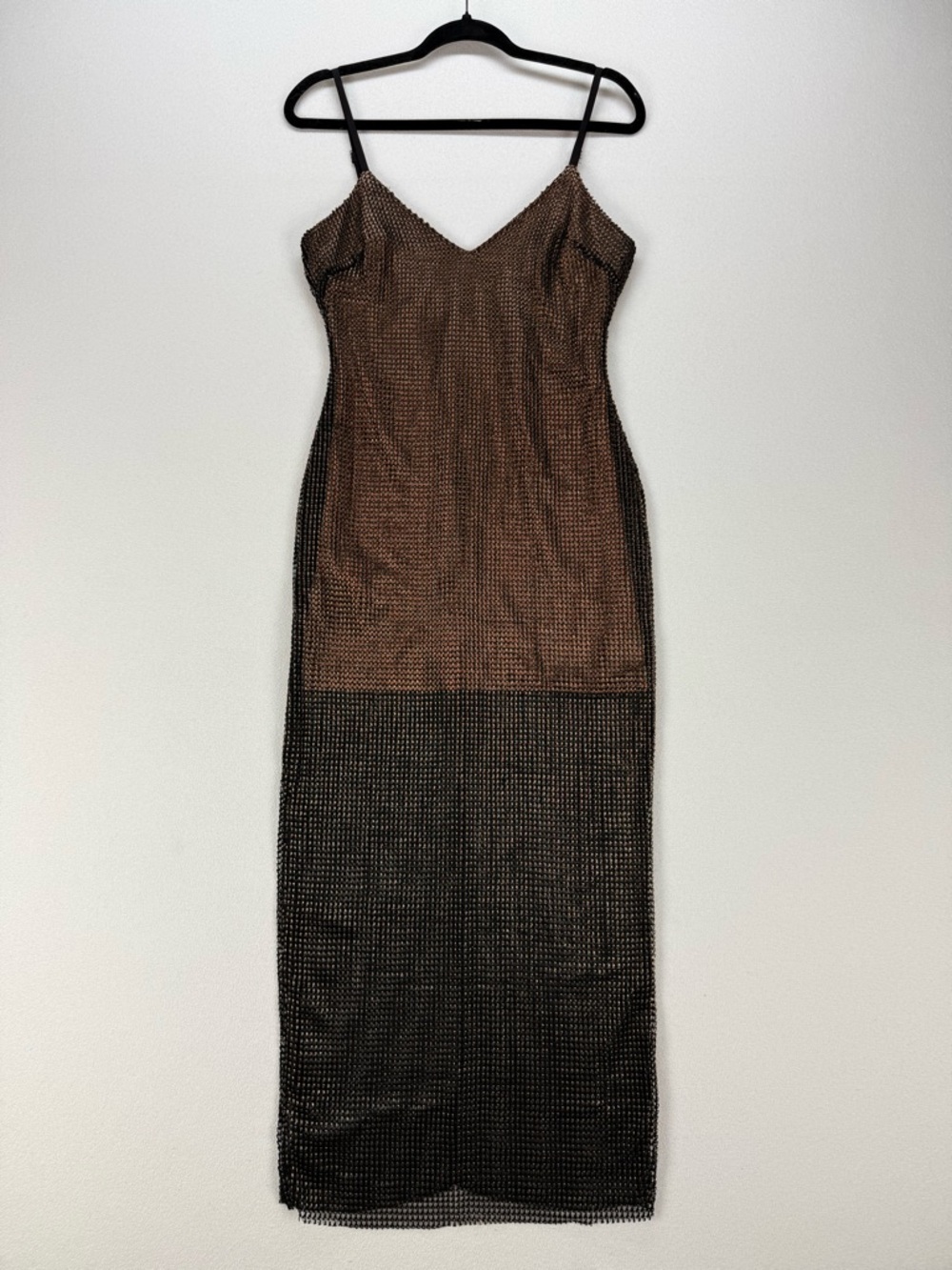 Cosmopolitan x Dress the Population Mesh Midi Dress Bronze Black Fishnet Overlay